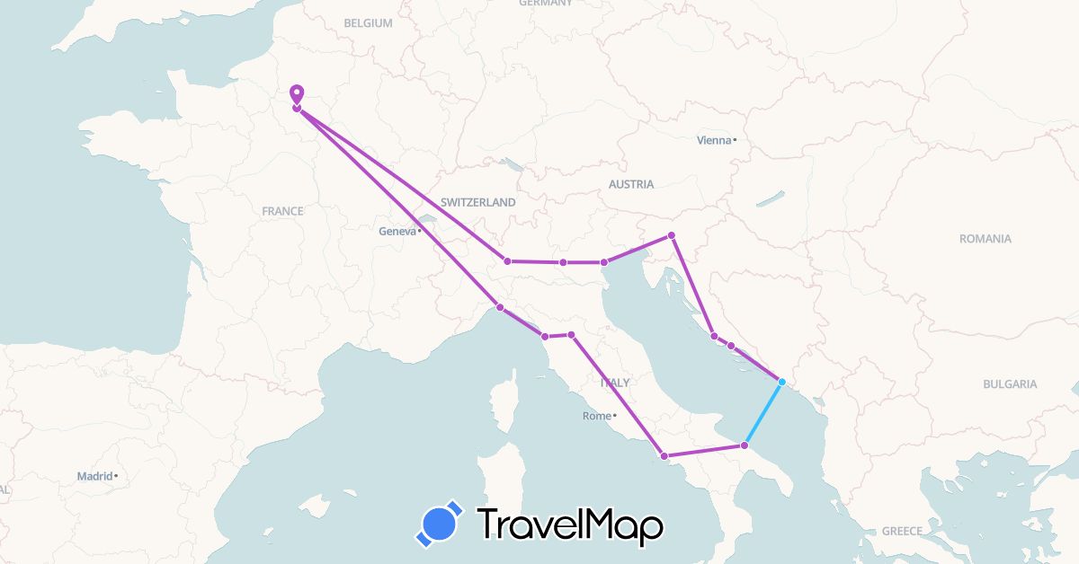 TravelMap itinerary: driving, train, boat in France, Croatia, Italy, Slovenia (Europe)